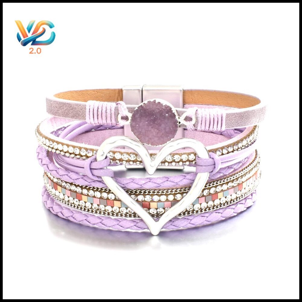 Leather Wrap Bracelet‎ Bohemian Crystal Heart Decor Bangle Clasp Jewelry